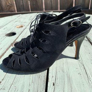 SALE! Donald J Pliner Black Suede Lace-Front Sling-Back Heeled Sandals 7M